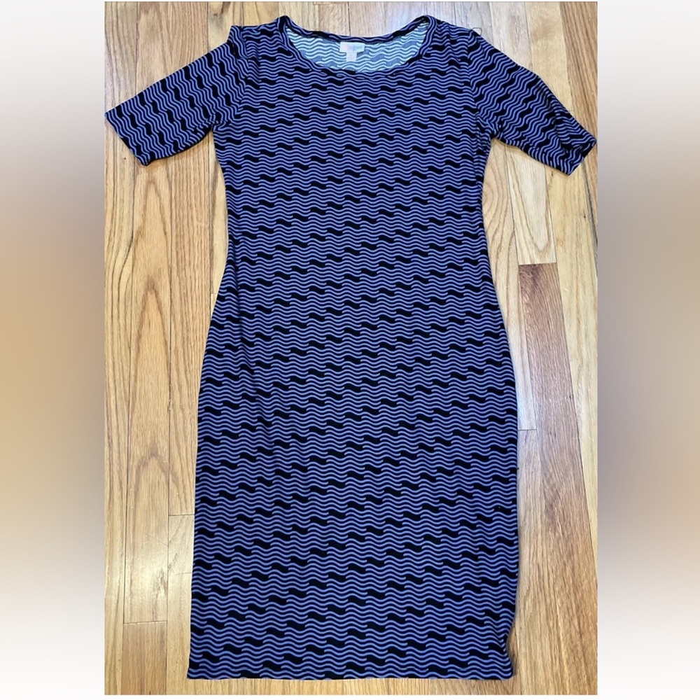 LulaRoe Womens Pencil Short Sleeve Dress  S Geometric Print Blue & Black